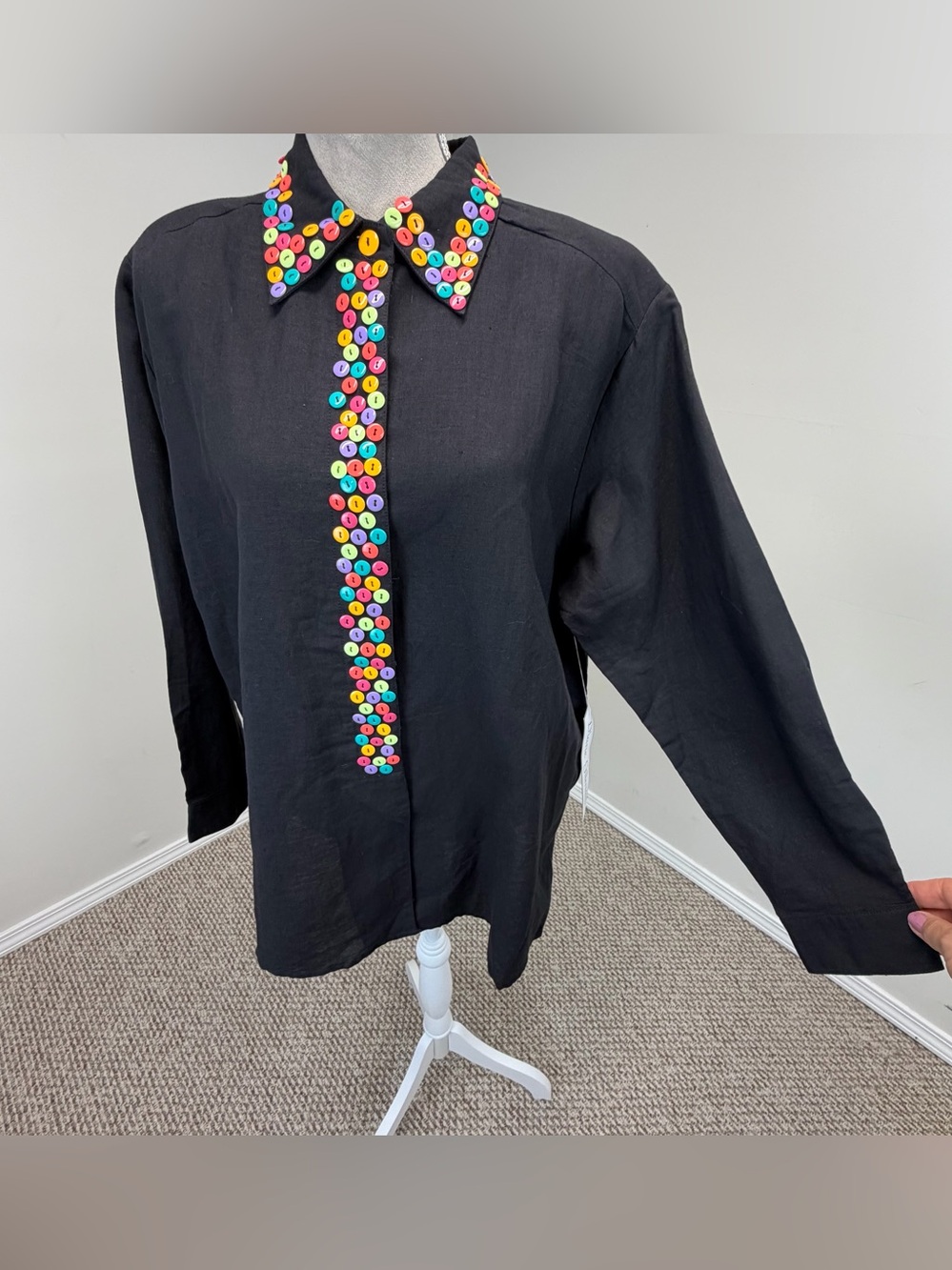VTG Diane Gilman Black Linen Blend Blouse Top Sz XL Multicolor Button Accent NWT - Picture 3 of 15
